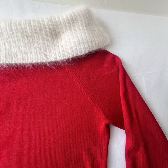 Berek Christmas Mrs. Claus Sweater Fur Cowl Neck Red Ivory Pullover Sequin XL - Picture 8 of 15